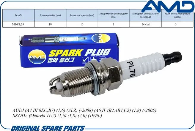 Свеча зажигания (Nickel) AUDI A4 III 8EC B7 ALZ-2008/A6 II 4B2 4B4 C5 1.8 -2005 (AMD). Артикул AMD.PL76