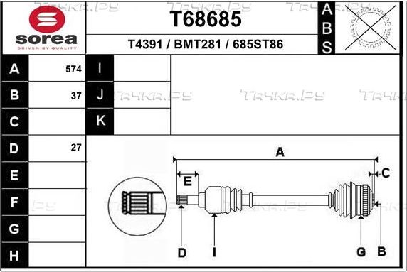 Полуось (привод в сборе, приводной вал) EAI. Артикул T68685