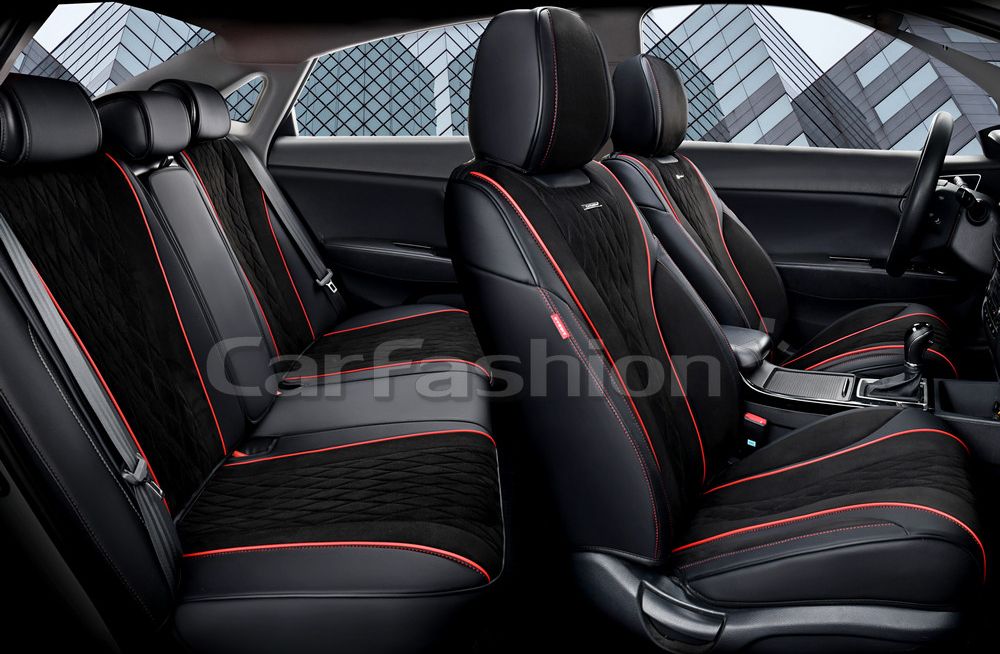 Комплект универсальных каркасных чехлов CarFashion 5D Symbol Plus на сидения авто, цвет Черный/Черный/Красный. Артикул 27251