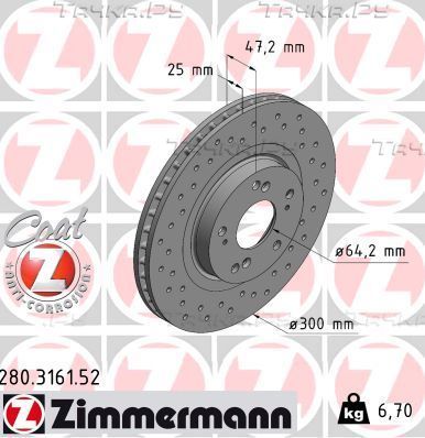Тормозной диск Zimmermann Sport Coat Z передний для Honda Civic VII 2001-2005. Артикул 280.3161.52