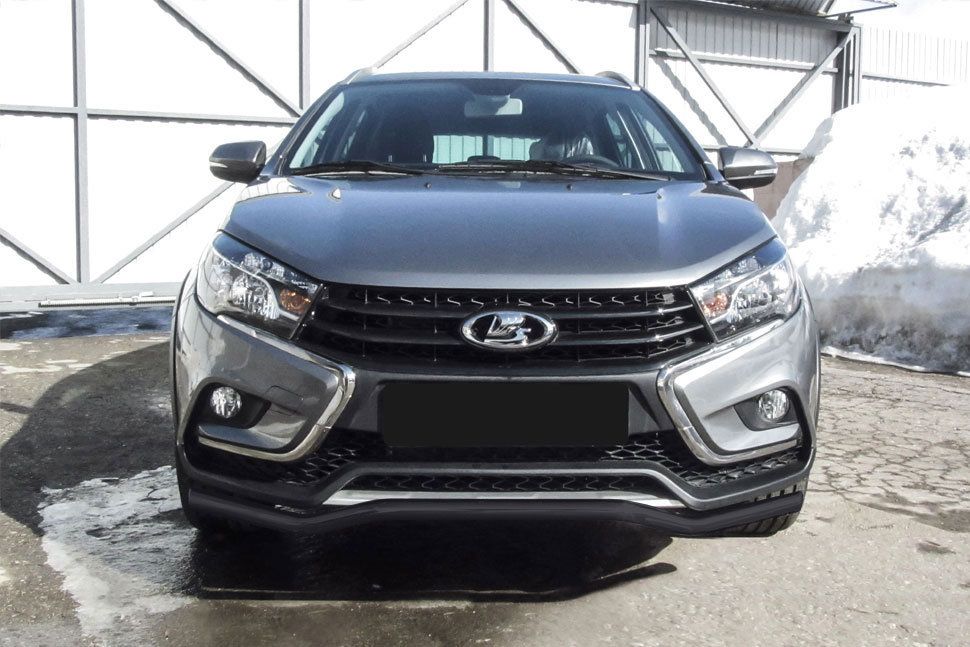 Защита Slitkoff переднего бампера d42 волна для Lada Vesta SW Cross 2017-2026 Черная. Артикул LadVSWCR01B