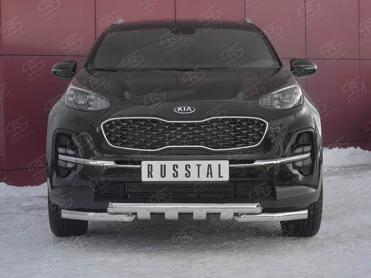 Защита RusStal переднего бампера d63дуга-d63 уголки+клыки для Kia Sportage IV рестайлинг 2018-2026. Артикул KSZ-003186