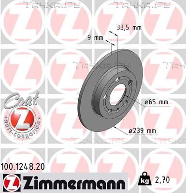 Тормозной диск Zimmermann Coat Z задний для Volkswagen Bora 1998-2013. Артикул 100.1248.20