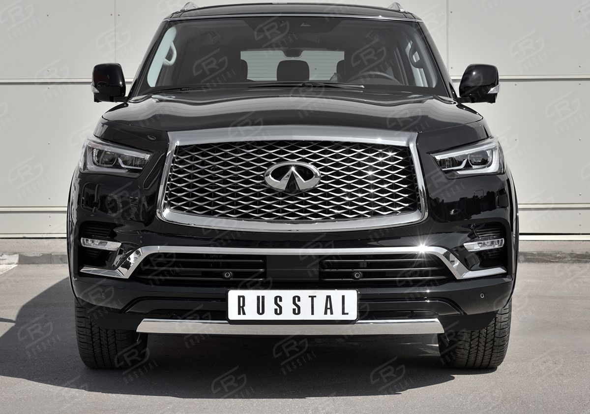 Защита RusStal переднего бампера d75х42 дуга для Infiniti QX80 I рестайлинг 2018-2026. Артикул IQX8Z-003006