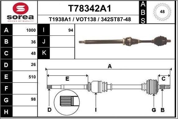 Полуось (привод в сборе, приводной вал) EAI. Артикул T78342A1
