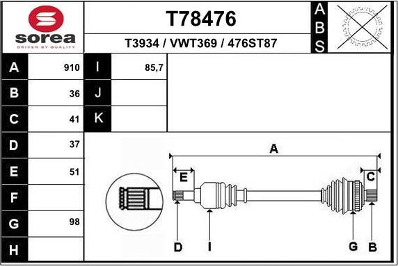 Полуось (привод в сборе, приводной вал) EAI. Артикул T78476