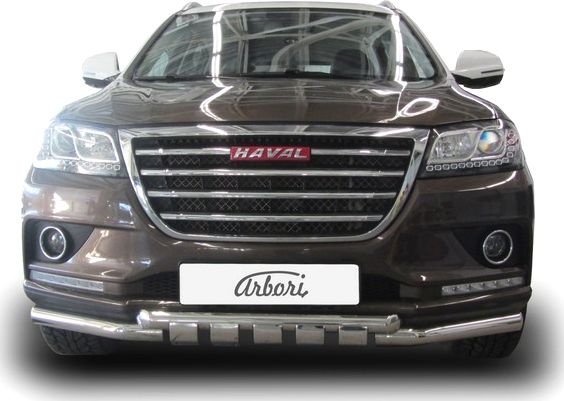 Защита Arbori переднего бампера d57+d57 с декоративными элементами для Haval H2 2014-2021. Артикул AFZDAHAVH201