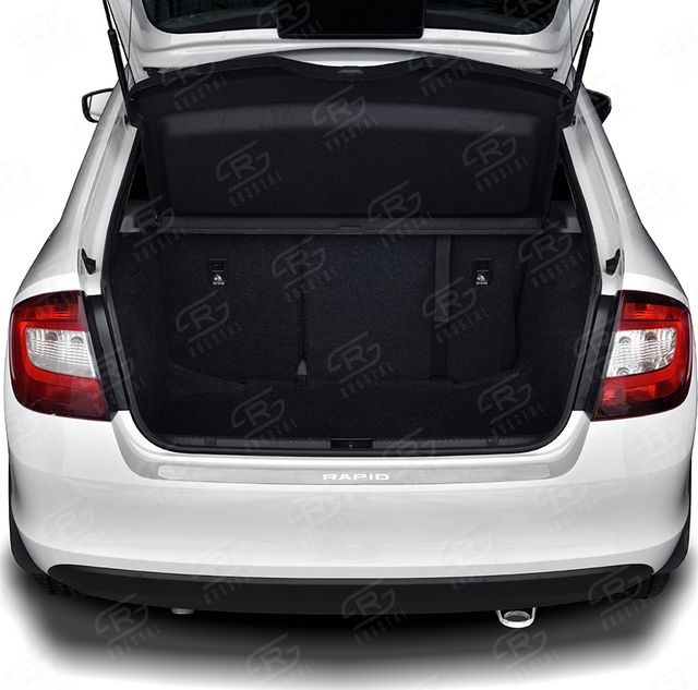 Накладка RusStal на задний бампер (лист нерж., шлифованный с надписью) для Skoda Rapid I 2012-2020. Артикул SKRN-003405