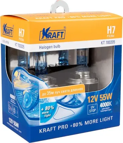 Автолампа H7 12v 55w (PX26d) Kraft Pro +80% more light (2шт. блистер). Артикул KT700205