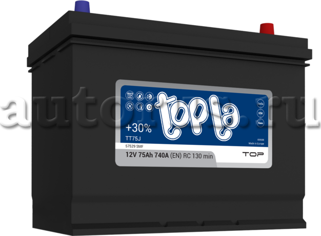 Аккумулятор TOPLA Top JIS 75 А/ч обратная R+ 57529 259x175x200 EN740 А. Артикул 118875