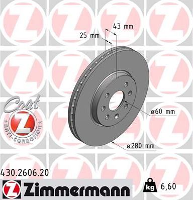 Тормозной диск Zimmermann Coat Z передний для Opel Astra H 2004-2014. Артикул 430.2606.20