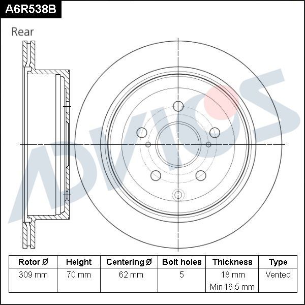 Тормозной диск Advics задний для Lexus RX III 2008-2015. Артикул A6R538B