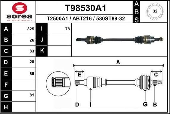 Полуось (привод в сборе, приводной вал) EAI. Артикул T98530A1