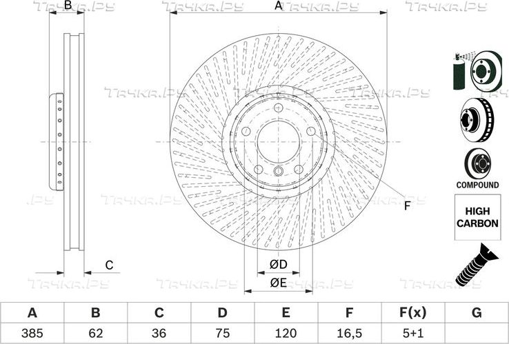Тормозной диск Bosch передний левый для BMW X5 III (F15) 2013-2018. Артикул 0 986 479 E26