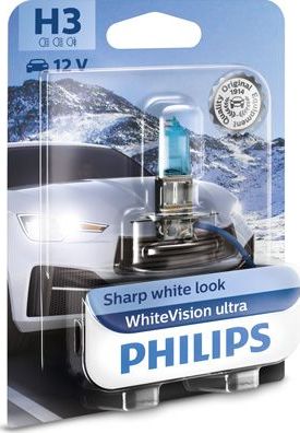 H3 12V- 55W (PK22s) (абсолютно белый свет+60% вид.) WhiteVision ultra блистер (1шт.) Philips WhiteVision ultra. Артикул 12336WVUB1