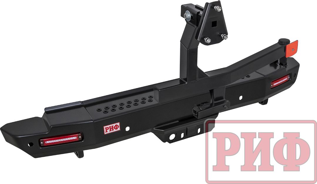 Бампер силовой РИФ задний с квадратом под фаркоп, калиткой, фонарями, подсветкой номера для Toyota Land Cruiser 200 2013-2015. Артикул RIF200-22125