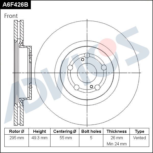 Тормозной диск Advics передний для Toyota Avensis II 2003-2008. Артикул A6F426B