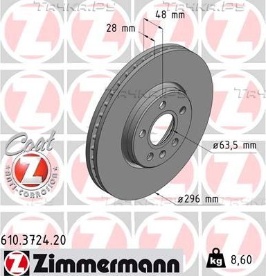 Тормозной диск Zimmermann Coat Z передний для Volvo S60 III 2019-2026. Артикул 610.3724.20