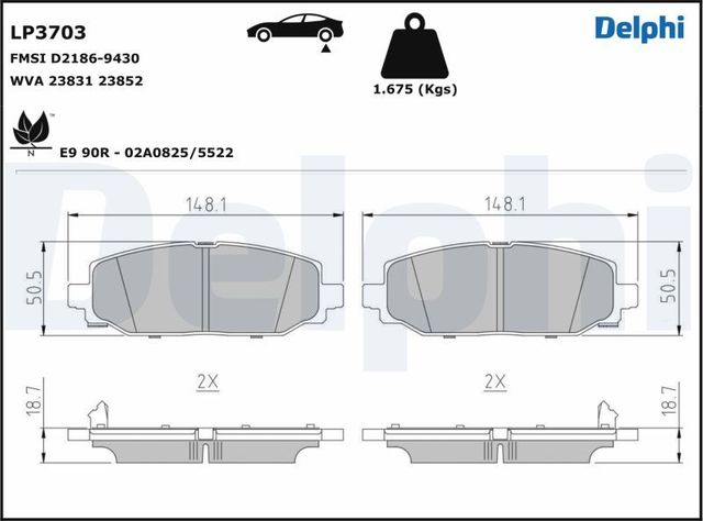 Тормозные колодки Delphi (Low-Metallic) задние для Jeep Wrangler IV (JL) 2017-2026. Артикул LP3703