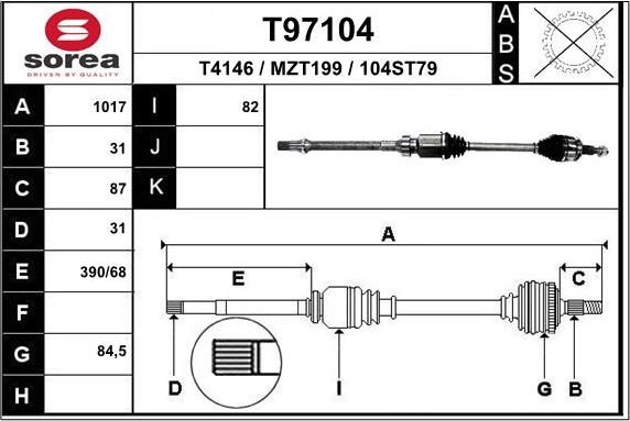 Полуось (привод в сборе, приводной вал) EAI. Артикул T97104