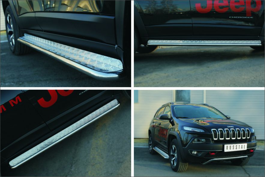 Защита порогов RusStal труба d42 с листом для Jeep Cherokee KL Trailhawk 2014-2026. Артикул JCL-001999