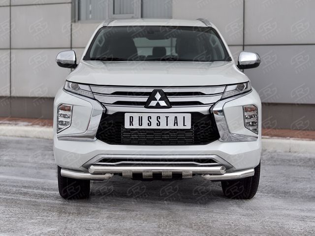 Защита RusStal переднего бампера d63 секции-d63 уголки+клыки для Mitsubishi Pajero Sport III рестайлинг 2021-2026. Артикул MPJSZ-003653