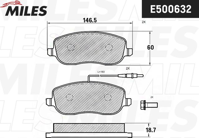 Тормозные колодки Miles (Керамика) передние для Fiat Ulysse II 2002-2011. Артикул E500632