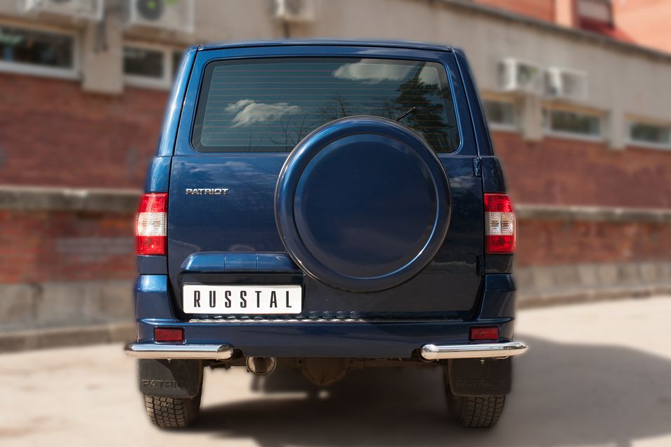 Защита RusStal заднего бампера уголки d63 (секции) для УАЗ Patriot 2014-2026. Артикул UPZ-002071