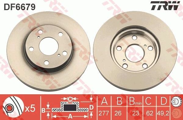 Тормозной диск TRW передний для Toyota Corolla E170, E180 2013-2019. Артикул DF6679