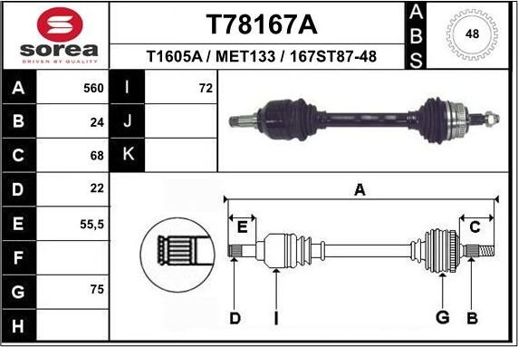 Полуось (привод в сборе, приводной вал) EAI. Артикул T78536A1