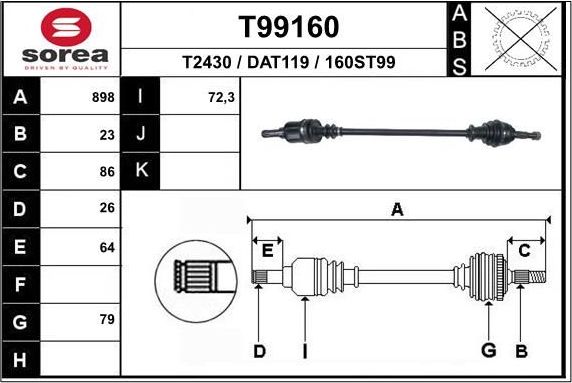 Полуось (привод в сборе, приводной вал) EAI. Артикул T99160