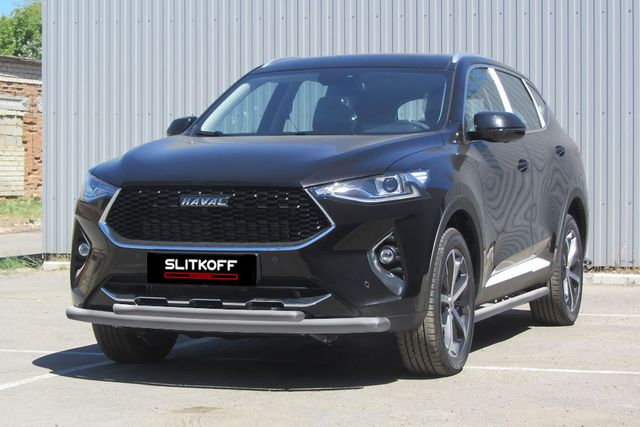 Защита Slitkoff переднего бампера d57+d42 двойная для Haval F7 2019-2026 Серебристая. Артикул HavF7002S