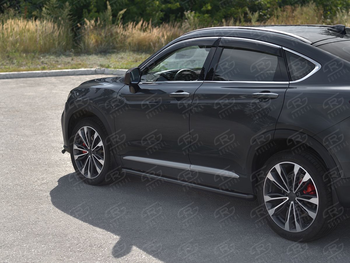 Защита порогов RusStal труба d63 (вариант 1) для Geely Tugella 2020-2026 Черные. Артикул GTGT-0039451CH