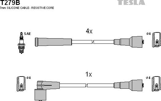 Высоковольтные провода (провода зажигания) (комплект) Tesla для Opel Frontera A 1992-1998. Артикул T279B