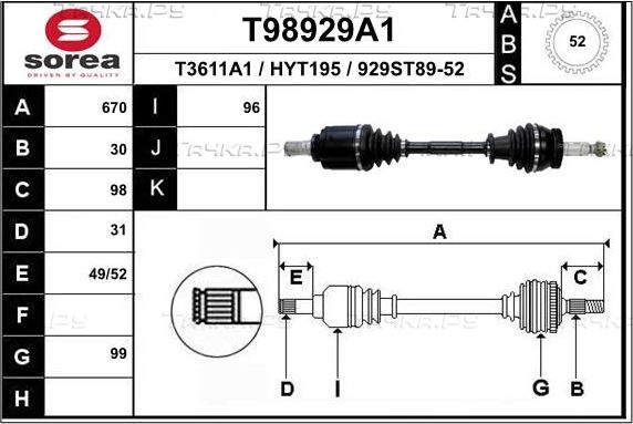 Полуось (привод в сборе, приводной вал) EAI. Артикул T98929A1