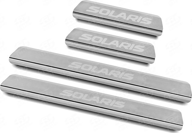 Накладки RusStal на пороги (лист нерж. шлифованный с надписью) для Hyundai Solaris 2010-2017. Артикул HYSOL10-03