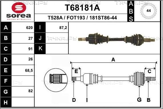 Полуось (привод в сборе, приводной вал) EAI. Артикул T68181A