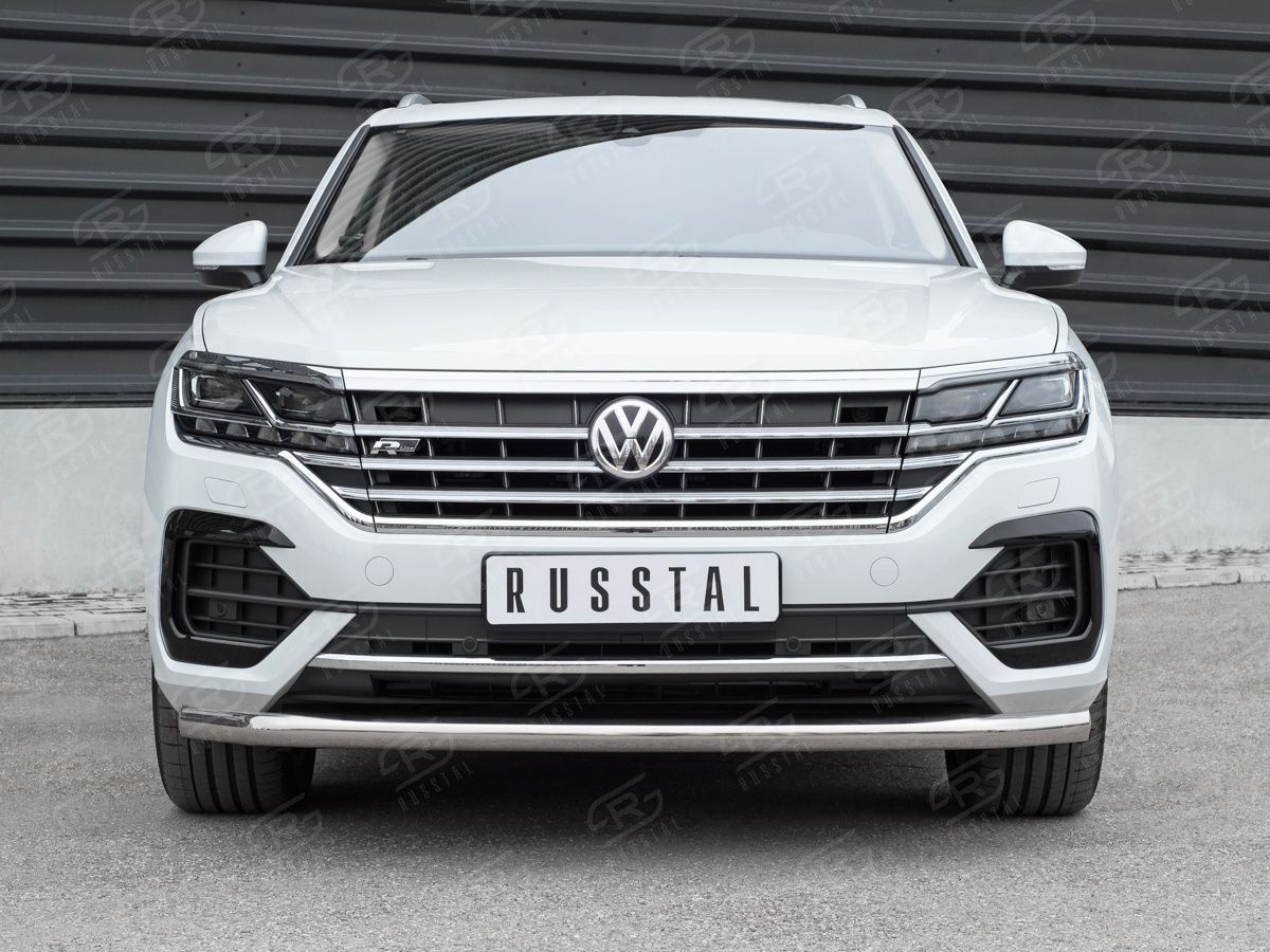 Защита РусCталь переднего бампера d63 секции для Volkswagen Touareg III 2018-2026 (кроме 2.0 TSI). Артикул VWTZ-003060
