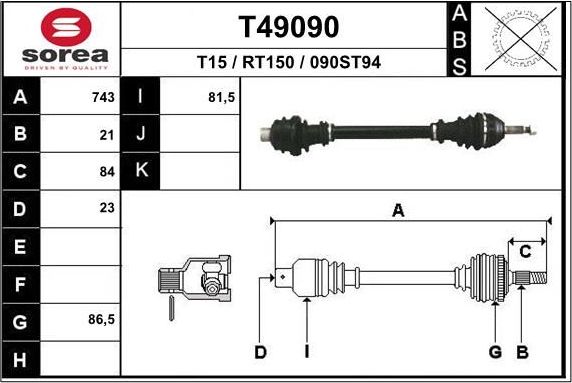 Полуось (привод в сборе, приводной вал) EAI. Артикул T49090
