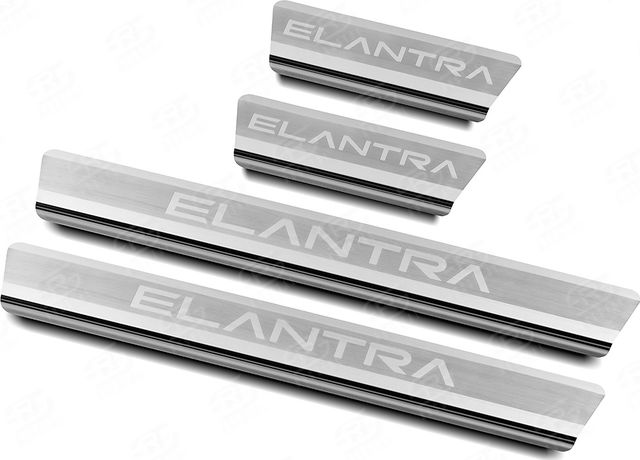 Накладки RusStal на пороги (лист нерж. шлифованный, надпись) для Hyundai Elantra VII 2020-2026. Артикул HYELAN20-03