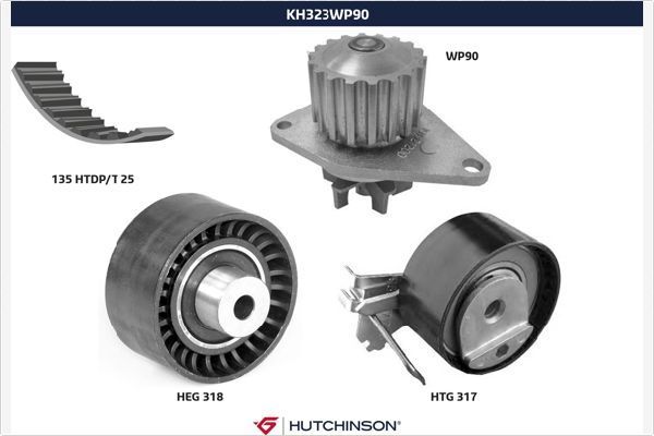 Помпа (водяной насос) с комплектом ремня ГРМ Hutchinson. Артикул KH 323WP90