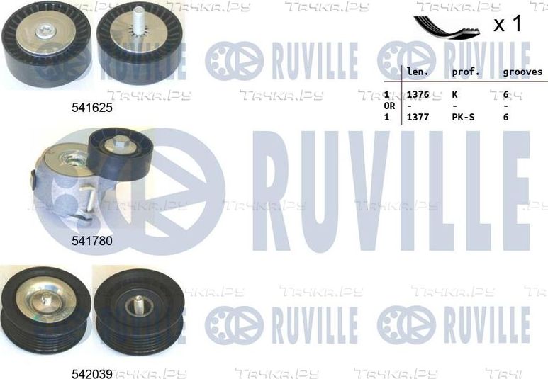Приводной ремень поликлиновой с роликами (комплект) Ruville для Fiat 500L I 2012-2026. Артикул 570169