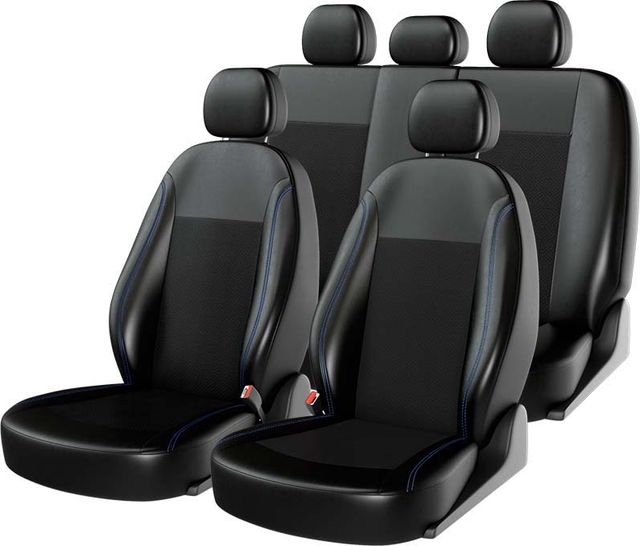 Чехлы универсальные CarFashion Atom Leather Small на сидения авто, цвет Черный/Черный/Синий. Артикул 10974