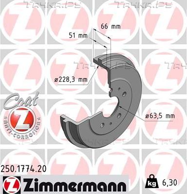 Тормозной барабан Zimmermann Coat Z задний для Ford Focus III 2010-2019. Артикул 250.1774.20