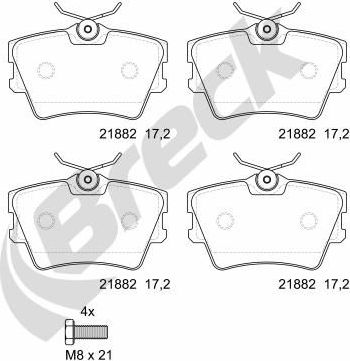 Тормозные колодки Breck задние для Volkswagen Transporter T4 1990-2003. Артикул 21882 00 704 00
