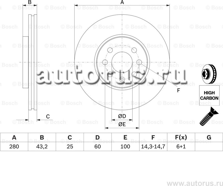 Диск тормозной OPEL ASTRA 04-10/MERIVA 03-10 передний (Bosch). Артикул 0986479077