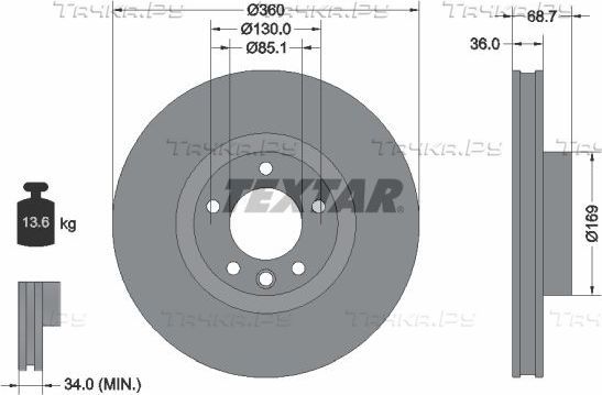 Тормозной диск Textar Pro+ передний правый для Volkswagen Touareg II 2010-2018. Артикул 92262705