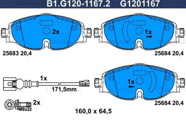Тормозные колодки Galfer передние для Audi S3 III (8V) 2012-2026. Артикул B1.G120-1167.2