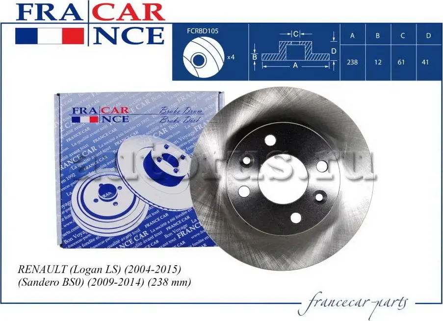 Диск тормозной RENAULT LOGAN/SANDERO 04- перед. 238мм (Francecar) Francecar. Артикул FCRBD105