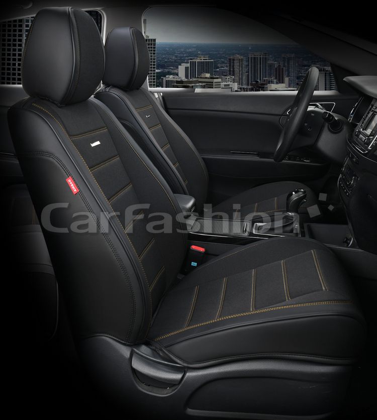 Чехлы универсальные каркасные CarFashion 5D Mayer на передние сидения авто, цвет Черный/Черный/Желтый. Артикул 21504